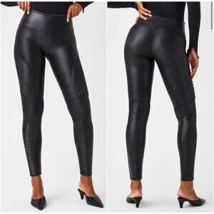 SPANX Faux Vegan Leather Black Moto Leggings Size Large Pull On Stretch‎ 20136R